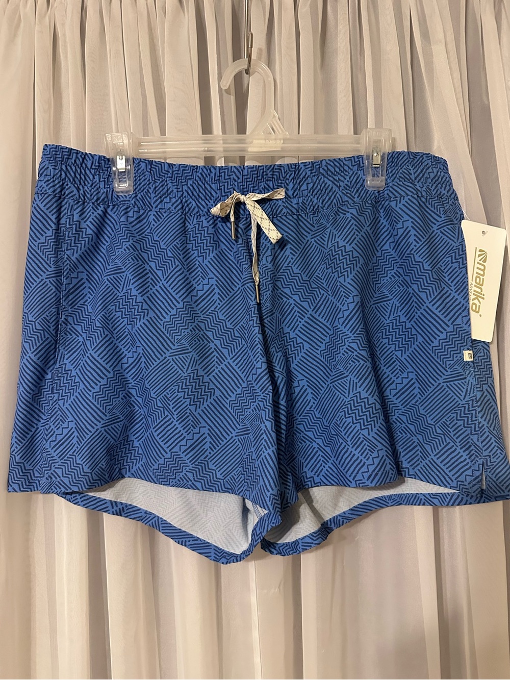 Marika Blue Geometric Drawstring Athletic Rip Stop Shorts With Pockets Size L